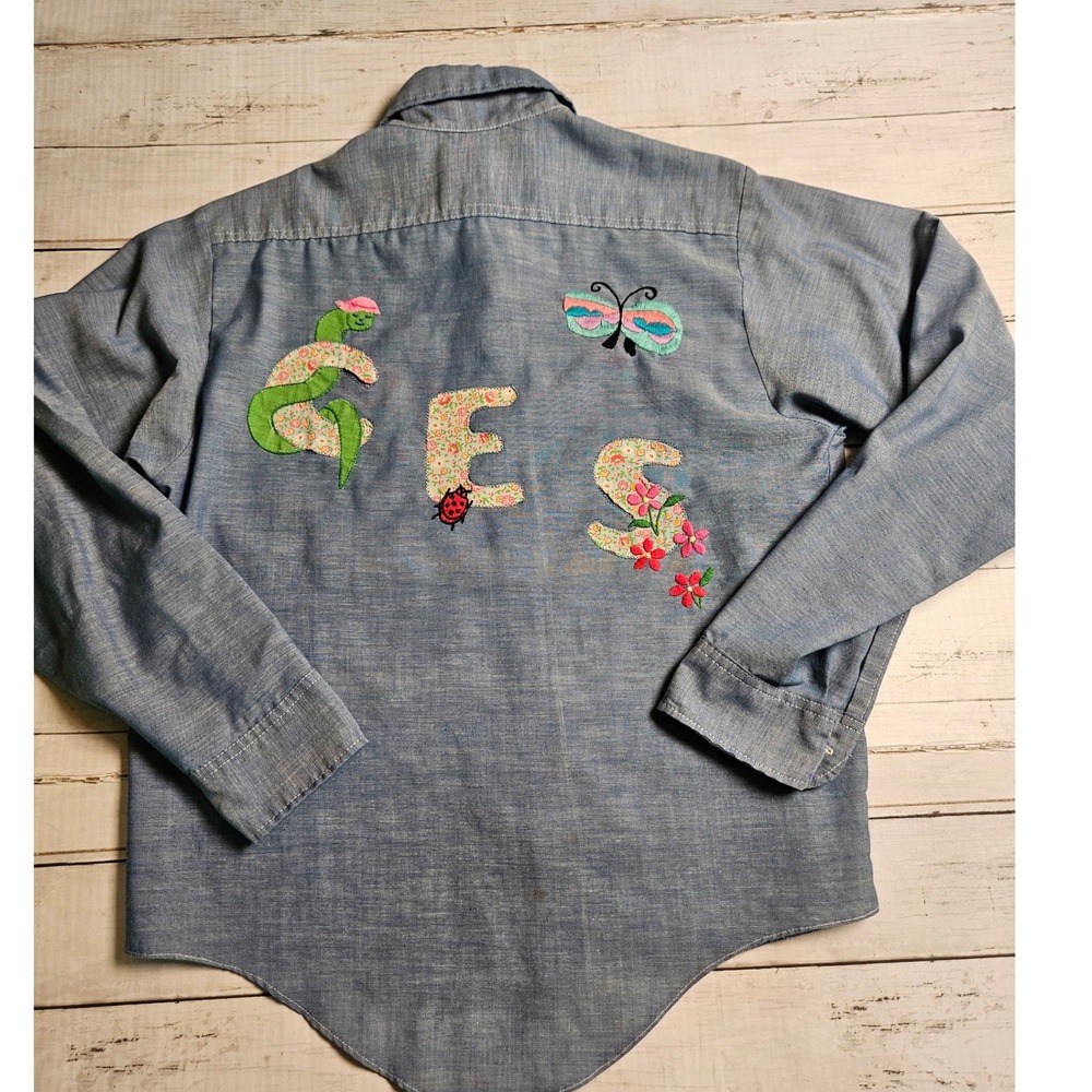 Vintage Big Mac JCPenney Hand Embroidered Chambray Shirt Blue Floral Bird S/M - Picture 9 of 10